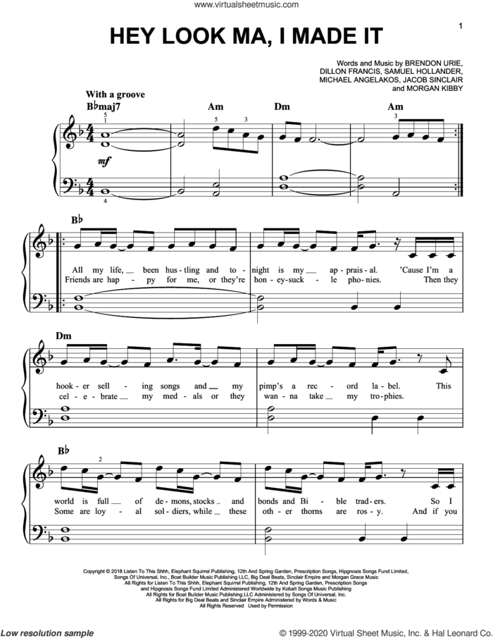 Hey Look Ma, I Made It sheet music for piano solo by Panic! At The Disco, Brendon Urie, Dillon Francis, Jacob Sinclair, Michael Angelakos, Morgan Kibby and Sam Hollander, easy skill level