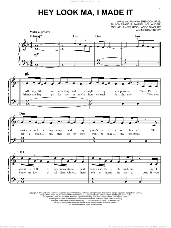 Hey Look Ma, I Made It sheet music for piano solo by Panic! At The Disco, Brendon Urie, Dillon Francis, Jacob Sinclair, Michael Angelakos, Morgan Kibby and Sam Hollander, easy skill level