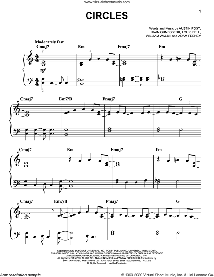Circles sheet music for piano solo by Post Malone, Adam Feeney, Austin Post, Kaan Gunesberk, Louis Bell and William Walsh, easy skill level