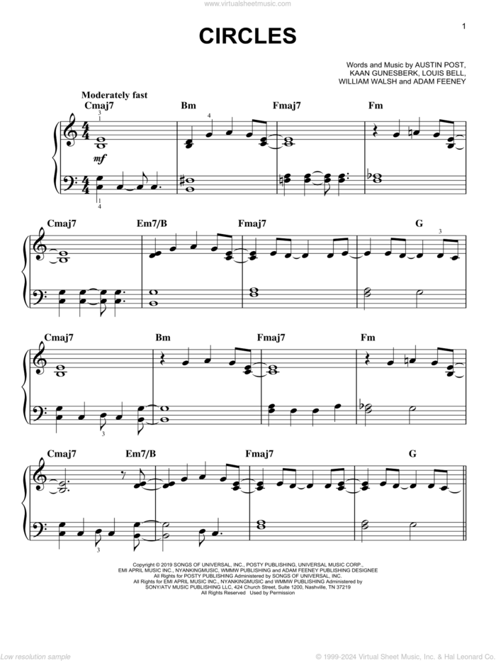 Circles, (easy) sheet music for piano solo by Post Malone, Adam Feeney, Austin Post, Kaan Gunesberk, Louis Bell and William Walsh, easy skill level