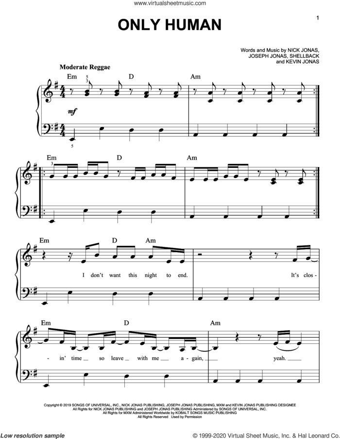 Only Human sheet music for piano solo by Jonas Brothers, Joseph Jonas, Kevin Jonas, Nick Jonas and Shellback, easy skill level