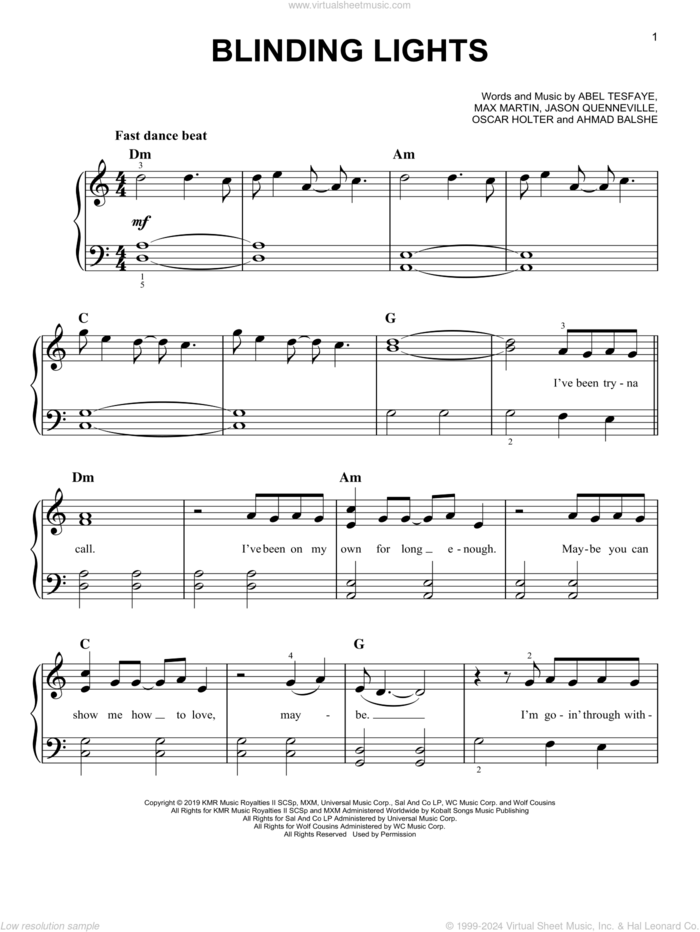 Blinding Lights, (easy) sheet music for piano solo by The Weeknd, Abel Tesfaye, Ahmad Balshe, Jason Quenneville, Max Martin and Oscar Holter, easy skill level