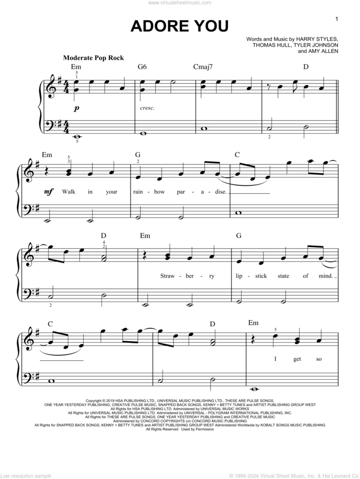 Adore You, (easy) sheet music for piano solo by Harry Styles, Amy Allen, Tom Hull and Tyler Johnson, easy skill level