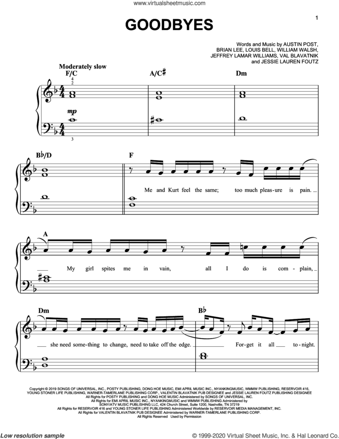 Goodbyes (feat. Young Thug) sheet music for piano solo by Post Malone, Austin Post, Brian Lee, Jeffrey Lamar Williams, Jessie Lauren Foutz, Louis Bell, Valentin Blavatnik and William Walsh, easy skill level
