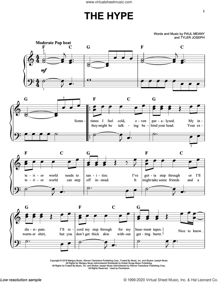 The Hype sheet music for piano solo by Twenty One Pilots, Paul Meany and Tyler Joseph, easy skill level