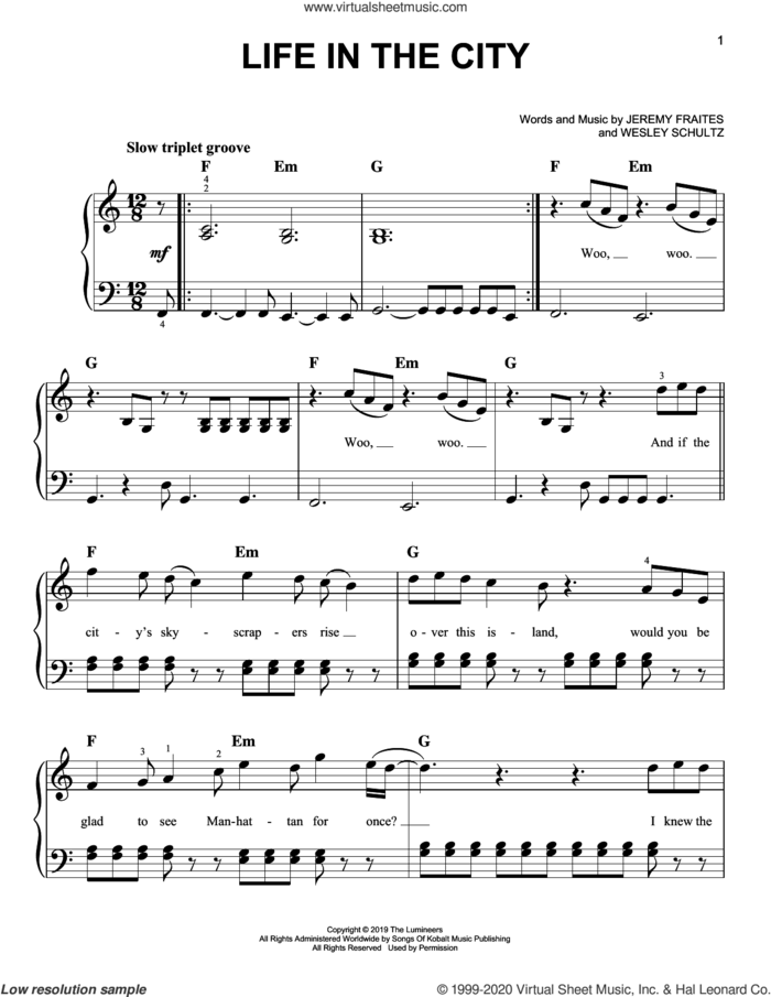 Life In The City sheet music for piano solo by The Lumineers, Jeremy Fraites and Wesley Schultz, easy skill level
