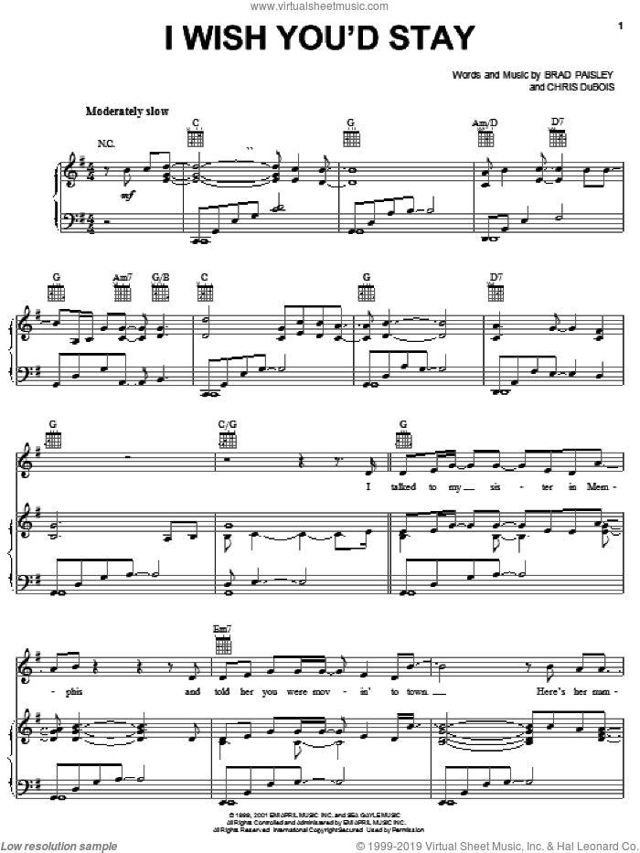 I Wish You'd Stay sheet music for voice, piano or guitar by Brad Paisley and Chris DuBois, intermediate skill level