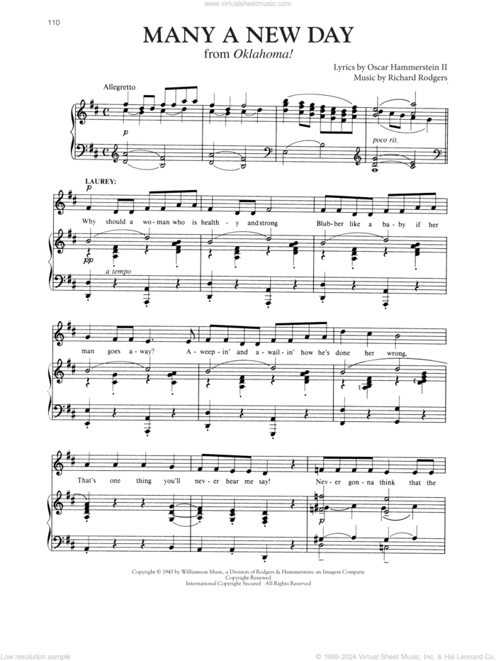 Many A New Day (from Oklahoma!) sheet music for voice and piano by Richard Rodgers, Richard Walters, Oscar II Hammerstein and Rodgers & Hammerstein, intermediate skill level