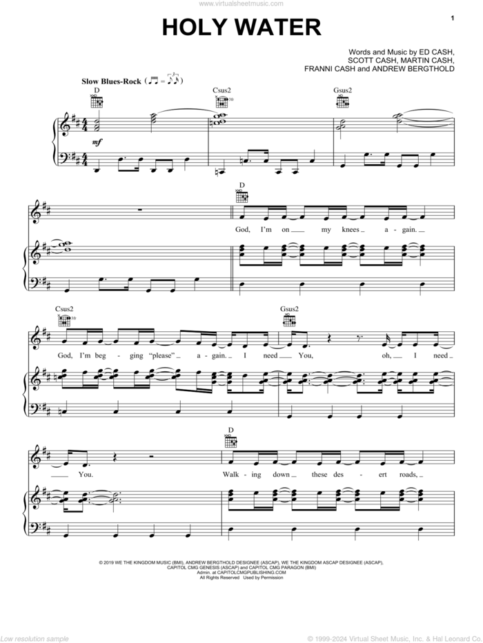 Holy Water sheet music for voice, piano or guitar by We The Kingdom, Andrew Bergthold, Ed Cash, Franni Cash, Martin Cash and Scott Cash, intermediate skill level