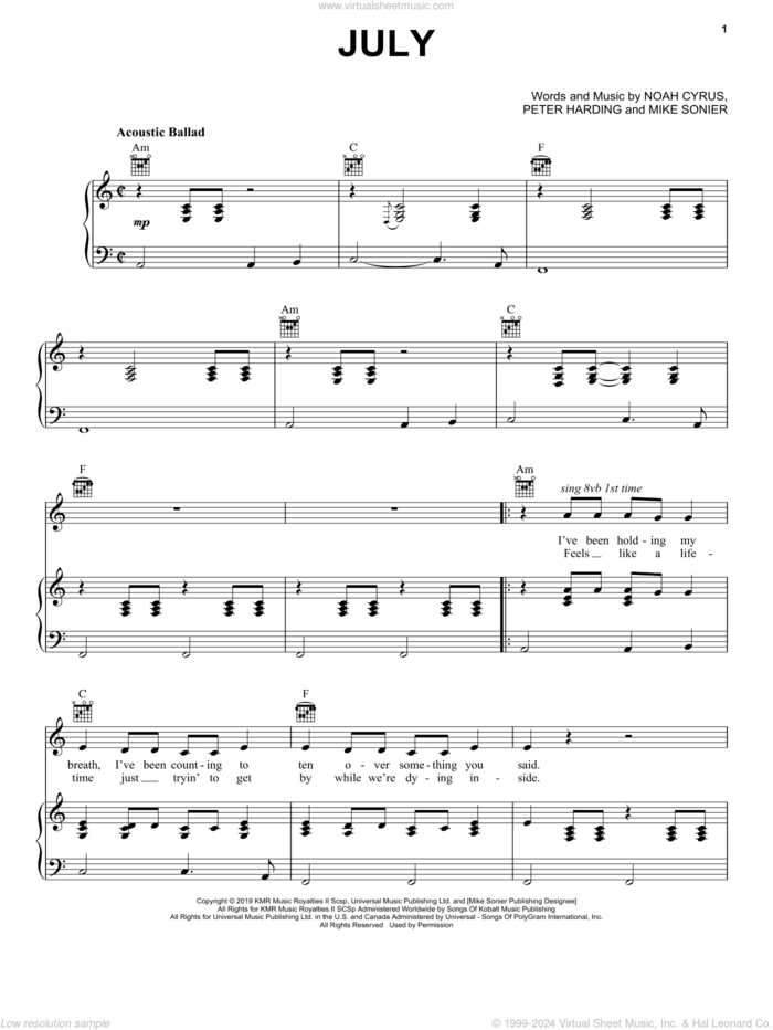 July sheet music for voice, piano or guitar by Noah Cyrus, Mike Sonier and Peter Harding, intermediate skill level