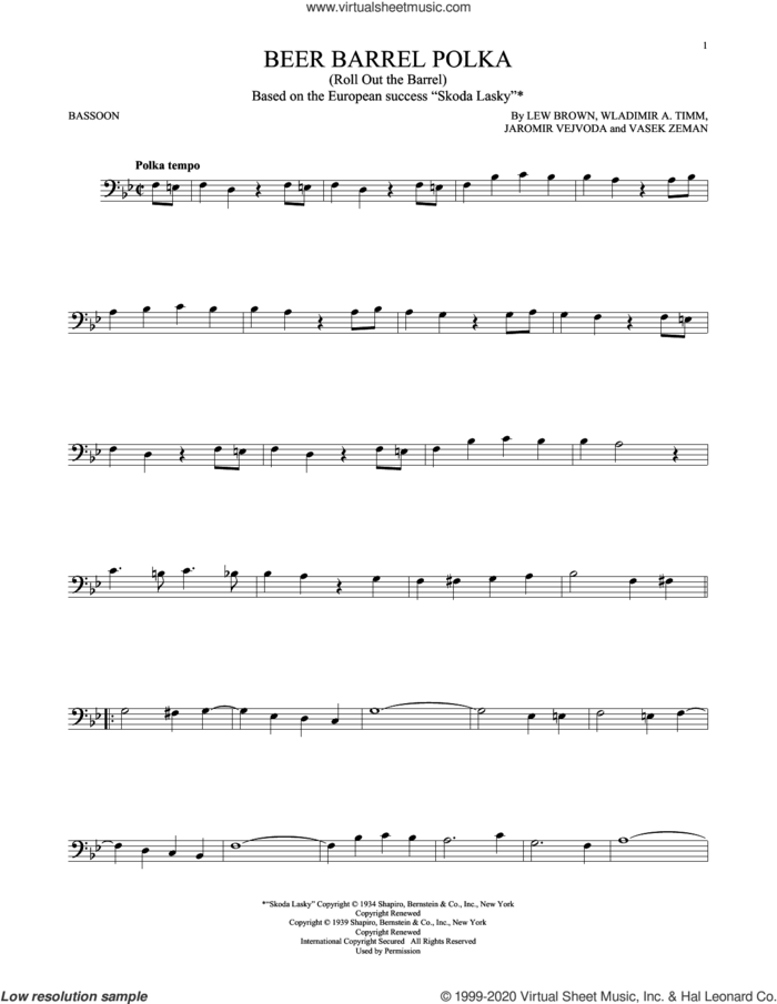 Beer Barrel Polka (Roll Out The Barrel) sheet music for Bassoon Solo by Bobby Vinton, Jaromir Vejvoda, Lew Brown, Vasek Zeman and Wladimir A. Timm, intermediate skill level