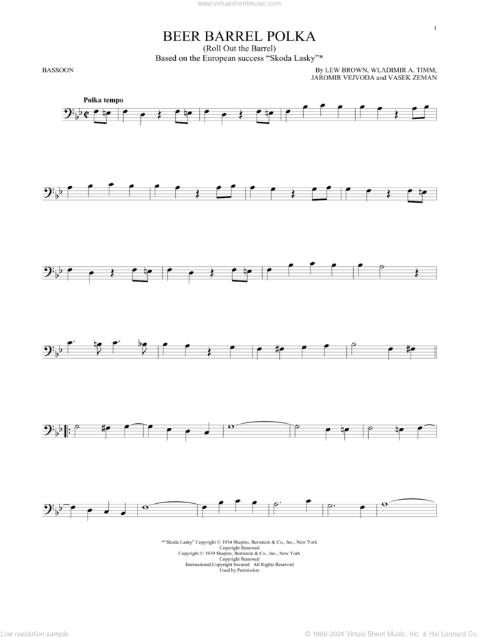 Beer Barrel Polka (Roll Out The Barrel) sheet music for Bassoon Solo by Bobby Vinton, Jaromir Vejvoda, Lew Brown, Vasek Zeman and Wladimir A. Timm, intermediate skill level