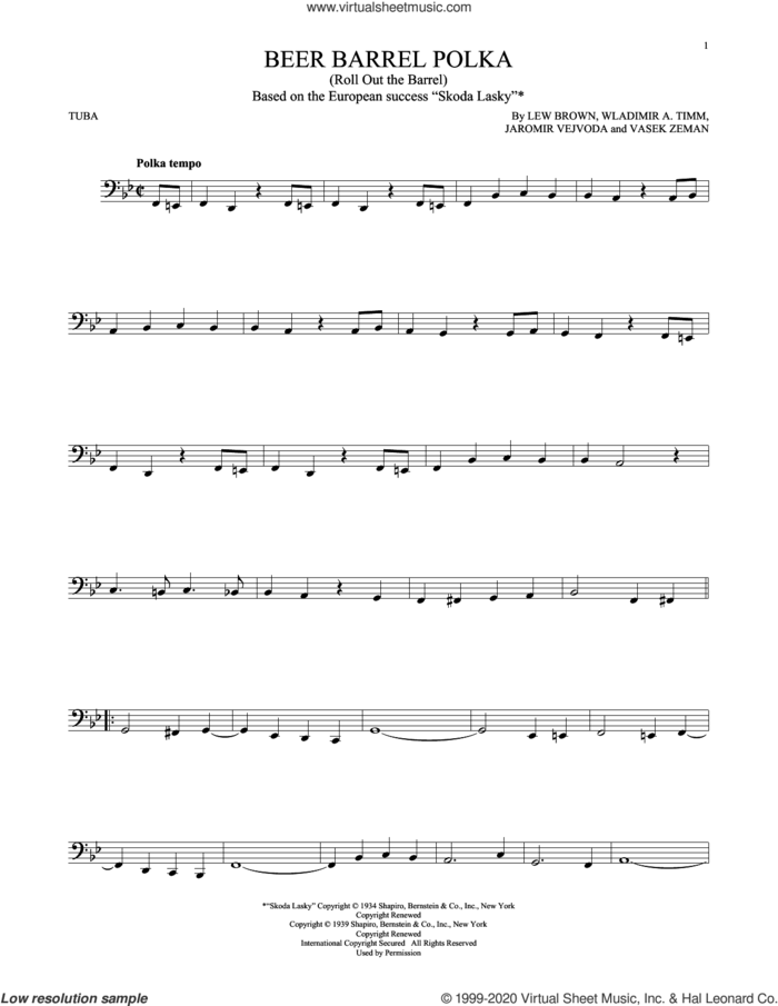 Beer Barrel Polka (Roll Out The Barrel) sheet music for Tuba Solo (tuba) by Bobby Vinton, Jaromir Vejvoda, Lew Brown, Vasek Zeman and Wladimir A. Timm, intermediate skill level