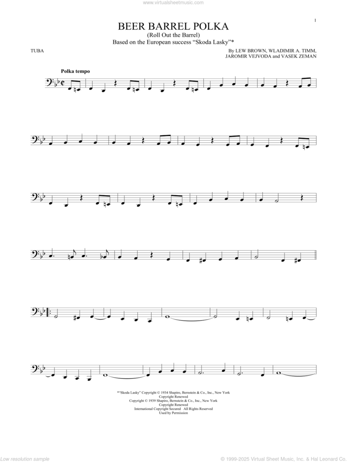 Beer Barrel Polka (Roll Out The Barrel) sheet music for Tuba Solo (tuba) by Bobby Vinton, Jaromir Vejvoda, Lew Brown, Vasek Zeman and Wladimir A. Timm, intermediate skill level