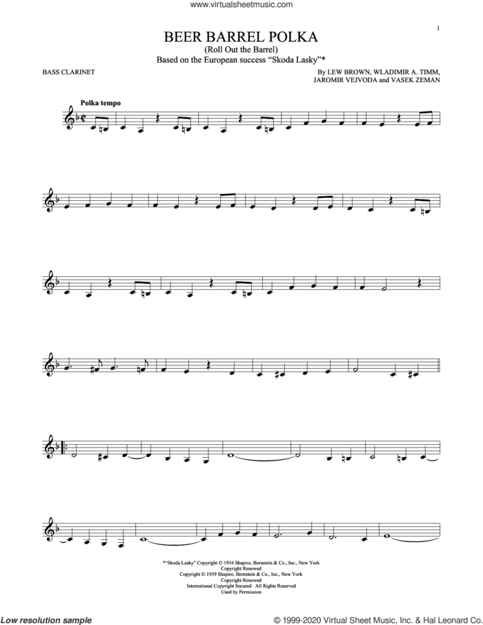 Beer Barrel Polka (Roll Out The Barrel) sheet music for Bass Clarinet Solo (clarinetto basso) by Bobby Vinton, Jaromir Vejvoda, Lew Brown, Vasek Zeman and Wladimir A. Timm, intermediate skill level