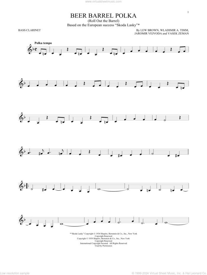 Beer Barrel Polka (Roll Out The Barrel) sheet music for Bass Clarinet Solo (clarinetto basso) by Bobby Vinton, Jaromir Vejvoda, Lew Brown, Vasek Zeman and Wladimir A. Timm, intermediate skill level