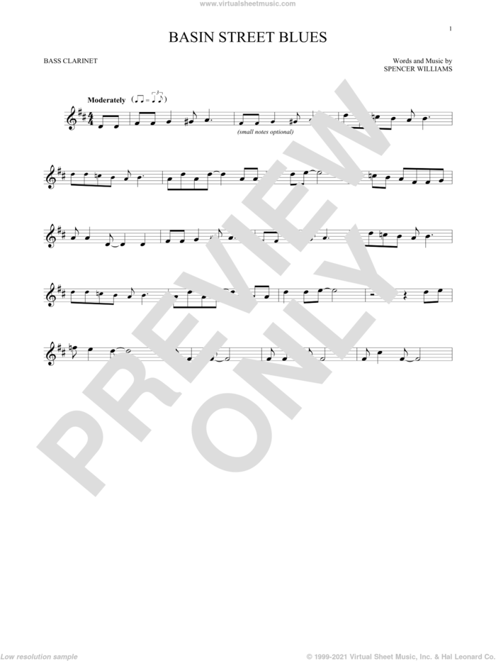 Basin Street Blues sheet music for Bass Clarinet Solo (clarinetto basso) by Spencer Williams, intermediate skill level