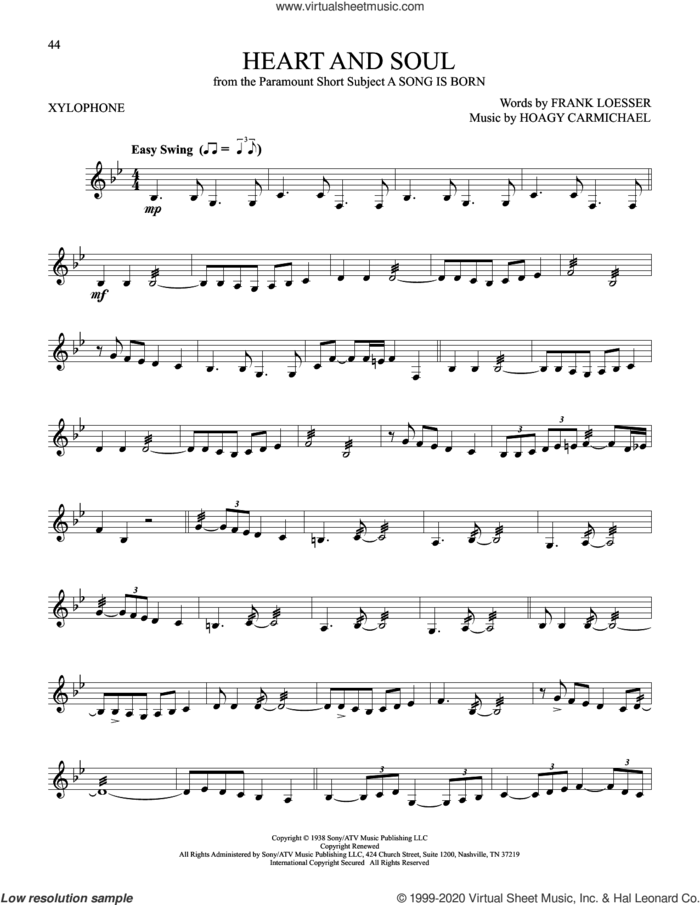 Heart And Soul sheet music for Xylophone Solo (xilofone, xilofono, silofono) by Frank Loesser and Hoagy Carmichael, intermediate skill level