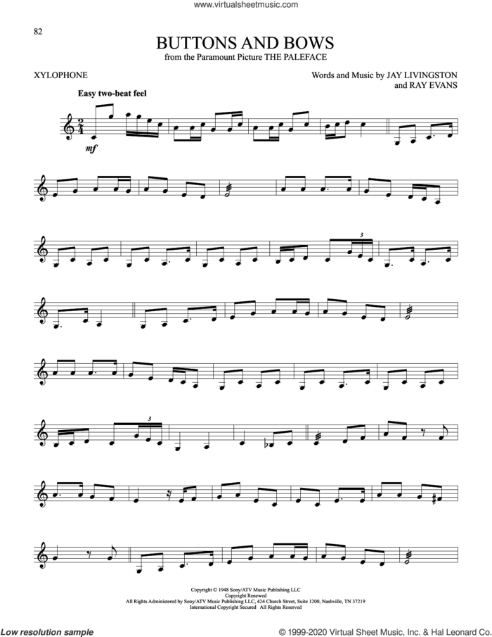 Buttons And Bows (from The Paleface) sheet music for Xylophone Solo (xilofone, xilofono, silofono) by Bob Hope, Jay Livingston and Ray Evans, intermediate skill level