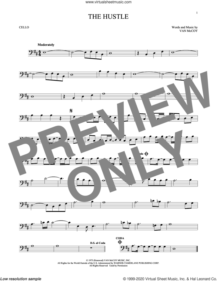 The Hustle sheet music for cello solo by Van McCoy, intermediate skill level