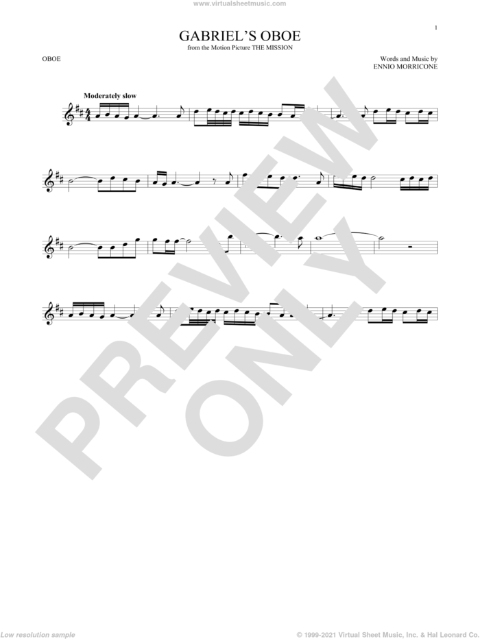 Gabriel's Oboe (from The Mission) sheet music for oboe solo by Ennio Morricone, classical score, intermediate skill level