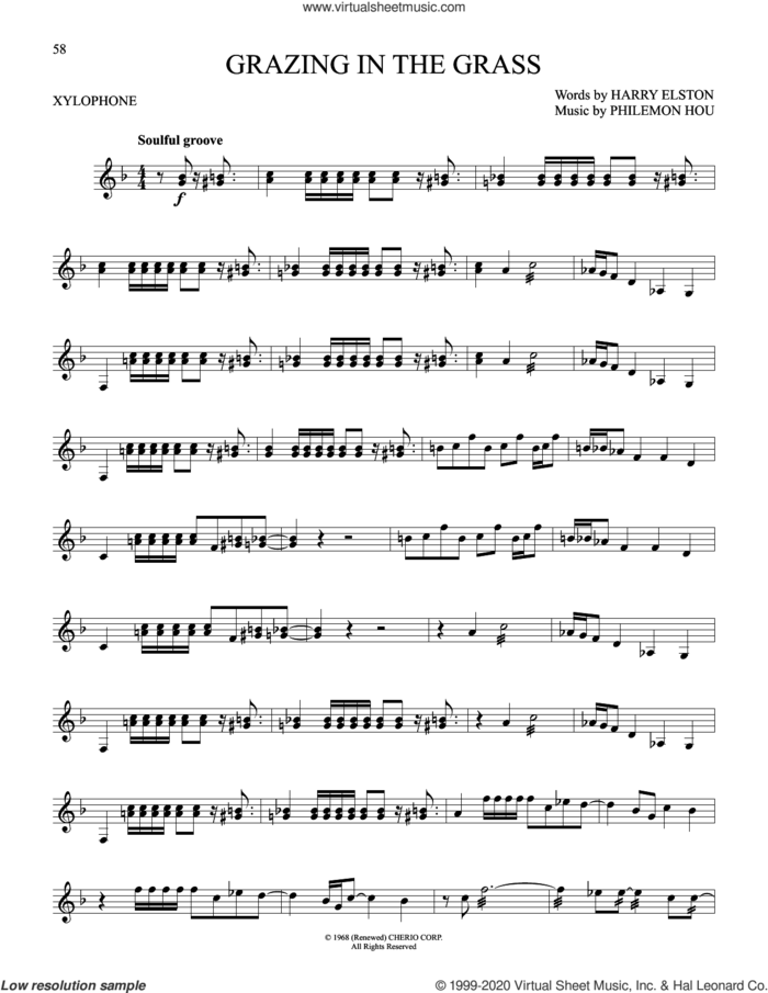Grazing In The Grass sheet music for Xylophone Solo (xilofone, xilofono, silofono) by Hugh Masekela, The Friends Of Distinction, Harry Elston and Philemon Hou, intermediate skill level