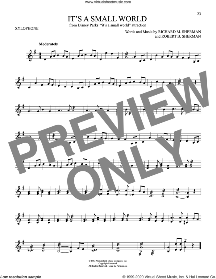 It's A Small World sheet music for Xylophone Solo (xilofone, xilofono, silofono) by Sherman Brothers, Richard M. Sherman and Robert B. Sherman, intermediate skill level