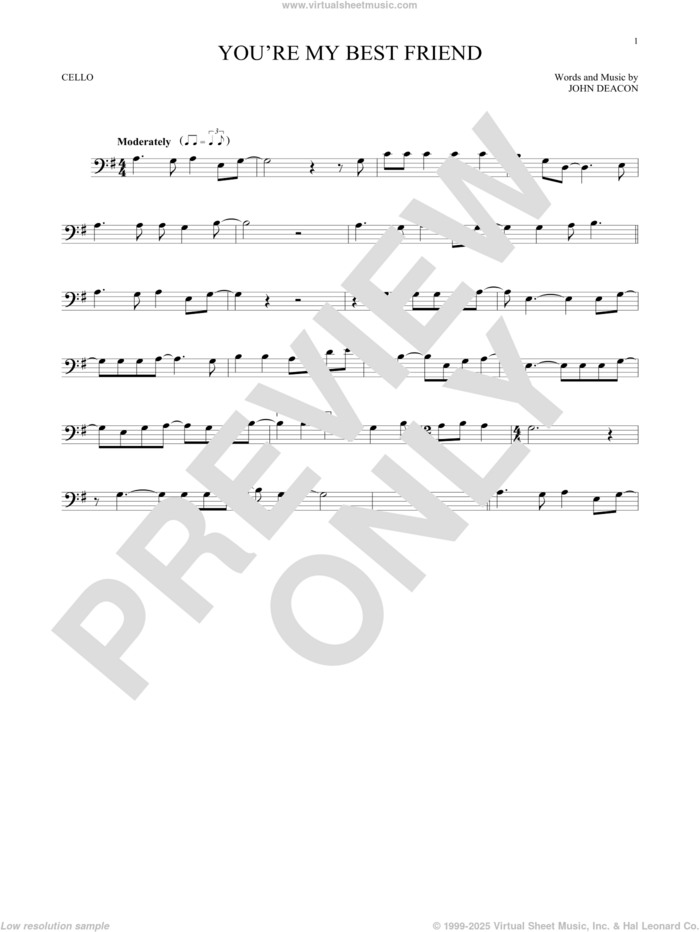 You're My Best Friend sheet music for cello solo by Queen and John Deacon, intermediate skill level