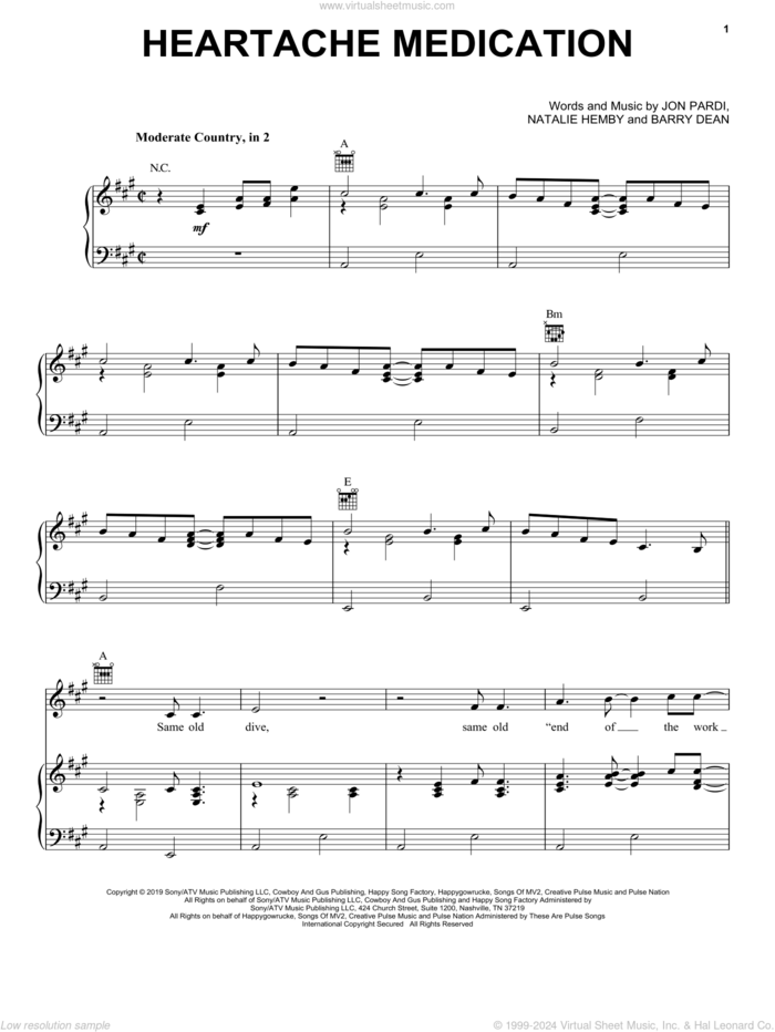 Heartache Medication sheet music for voice, piano or guitar by Jon Pardi, Barry Dean and Natalie Hemby, intermediate skill level