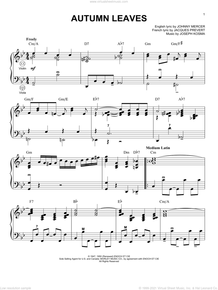 Autumn Leaves (arr. Gary Meisner) sheet music for accordion by Johnny Mercer, Gary Meisner, Jacques Prevert and Joseph Kosma, intermediate skill level