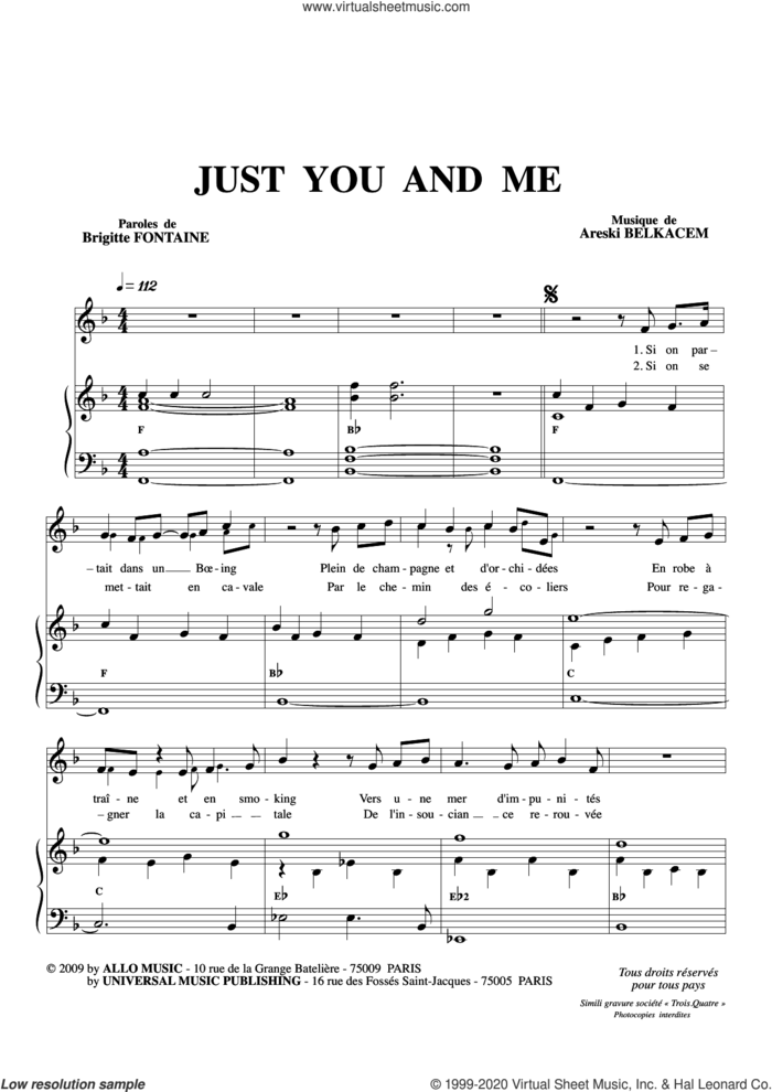 Just You And Me sheet music for voice and piano by Brigitte Fontaine & Areski Belkacem, Areski Belkacem and Brigitte Fontaine, classical score, intermediate skill level