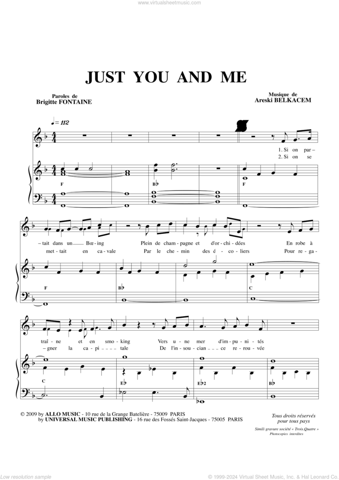 Just You And Me sheet music for voice and piano by Brigitte Fontaine & Areski Belkacem, Areski Belkacem and Brigitte Fontaine, classical score, intermediate skill level