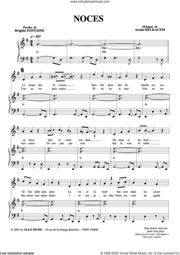 Noces sheet music for voice and piano by Brigitte Fontaine & Areski Belkacem, Areski Belkacem and Brigitte Fontaine, classical score, intermediate skill level