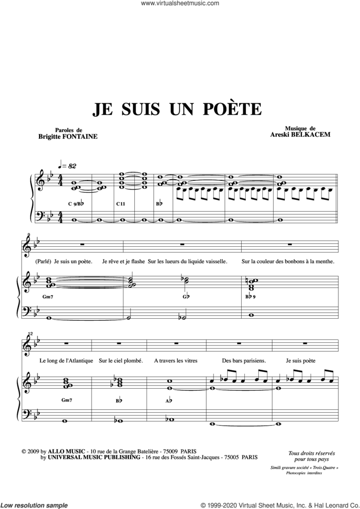 Je Suis Un Poete sheet music for voice and piano by Brigitte Fontaine & Areski Belkacem, Areski Belkacem and Brigitte Fontaine, classical score, intermediate skill level
