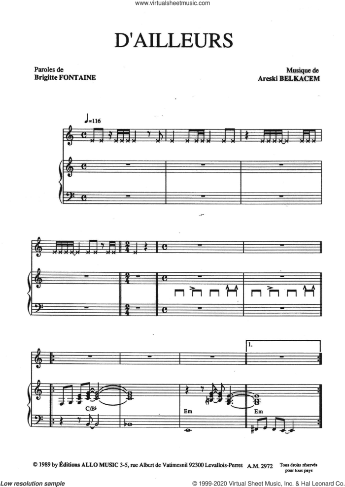 D'ailleurs sheet music for voice and piano by Brigitte Fontaine & Areski Belkacem, Areski Belkacem and Brigitte Fontaine, classical score, intermediate skill level