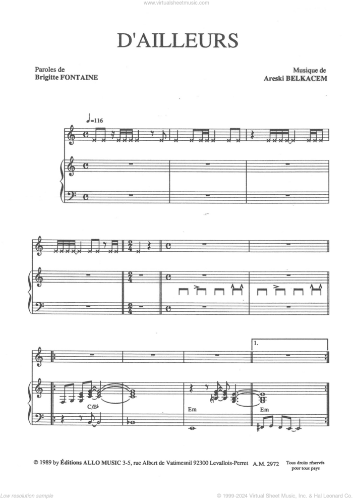 D'ailleurs sheet music for voice and piano by Brigitte Fontaine & Areski Belkacem, Areski Belkacem and Brigitte Fontaine, classical score, intermediate skill level