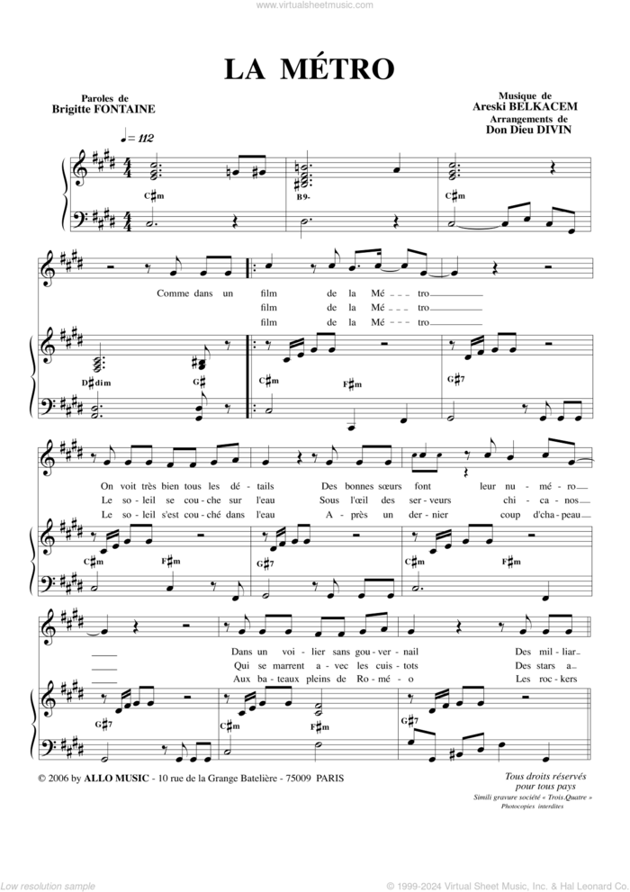 La Metro (arr. Don Dieu Divin) sheet music for voice and piano by Brigitte Fontaine & Areski Belkacem, Don Dieu Divin, Areski Belkacem and Brigitte Fontaine, classical score, intermediate skill level