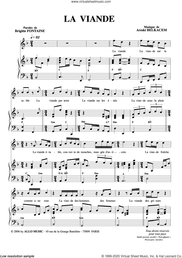 La Viande sheet music for voice and piano by Brigitte Fontaine & Areski Belkacem, Areski Belkacem and Brigitte Fontaine, classical score, intermediate skill level