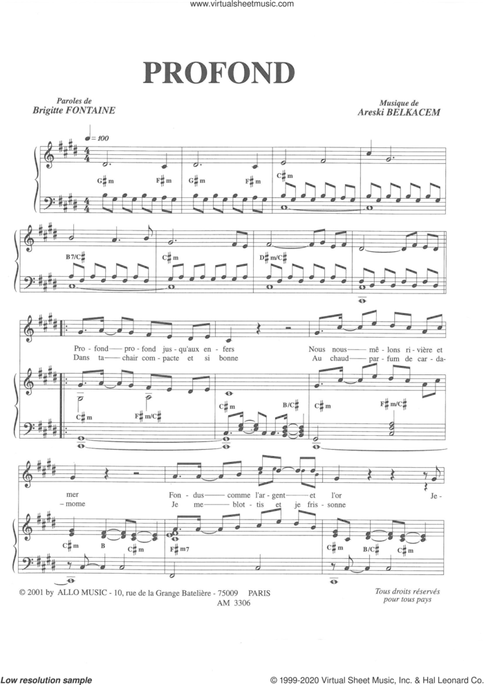 Profond sheet music for voice and piano by Brigitte Fontaine & Areski Belkacem, Areski Belkacem and Brigitte Fontaine, classical score, intermediate skill level