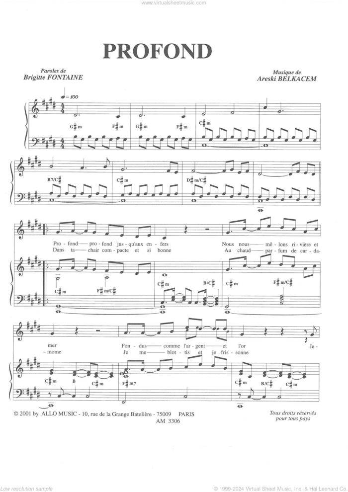 Profond sheet music for voice and piano by Brigitte Fontaine & Areski Belkacem, Areski Belkacem and Brigitte Fontaine, classical score, intermediate skill level