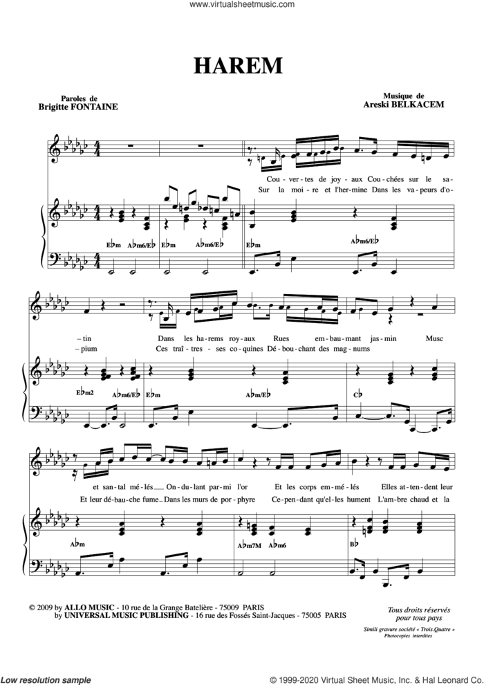 Harem sheet music for voice and piano by Brigitte Fontaine & Areski Belkacem, Areski Belkacem and Brigitte Fontaine, classical score, intermediate skill level