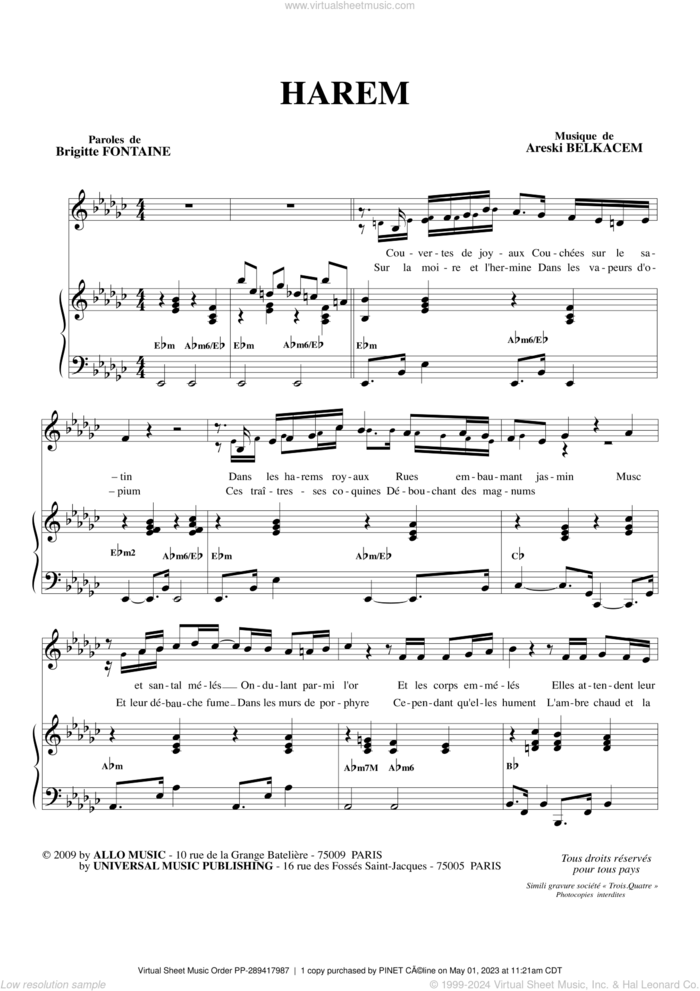 Harem sheet music for voice and piano by Brigitte Fontaine & Areski Belkacem, Areski Belkacem and Brigitte Fontaine, classical score, intermediate skill level