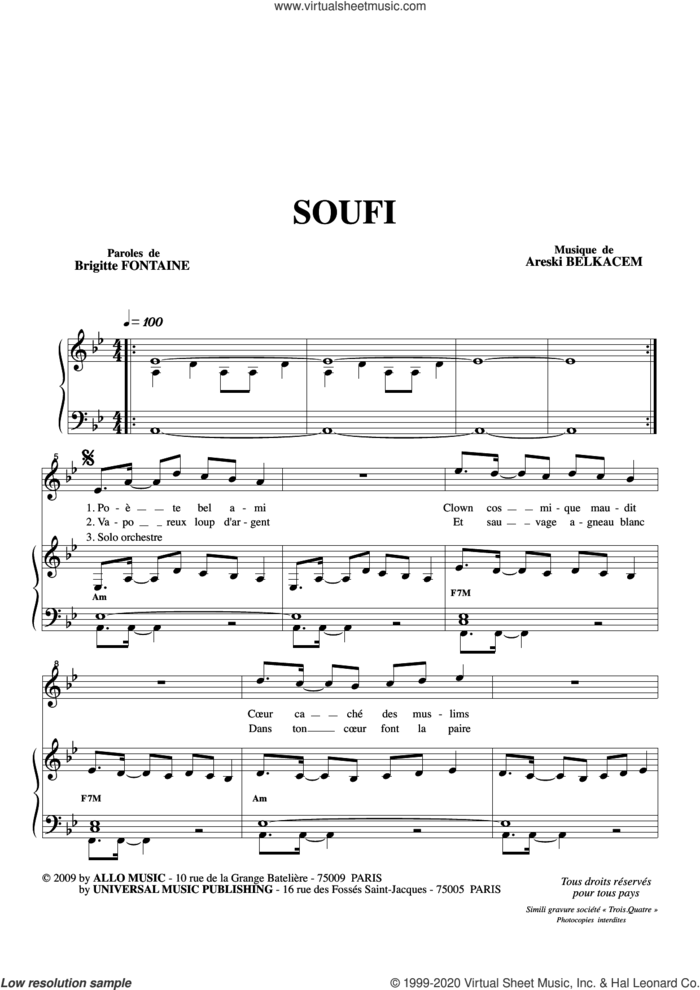 Soufi sheet music for voice and piano by Brigitte Fontaine & Areski Belkacem, Areski Belkacem and Brigitte Fontaine, classical score, intermediate skill level