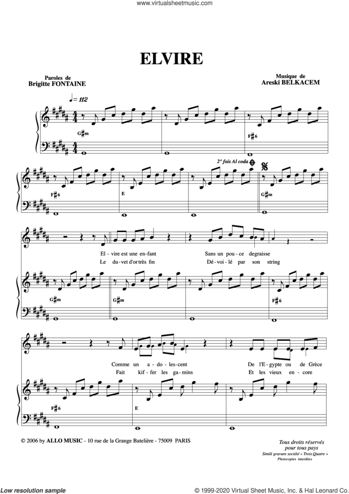 Elvire sheet music for voice and piano by Brigitte Fontaine & Areski Belkacem, Areski Belkacem and Brigitte Fontaine, classical score, intermediate skill level
