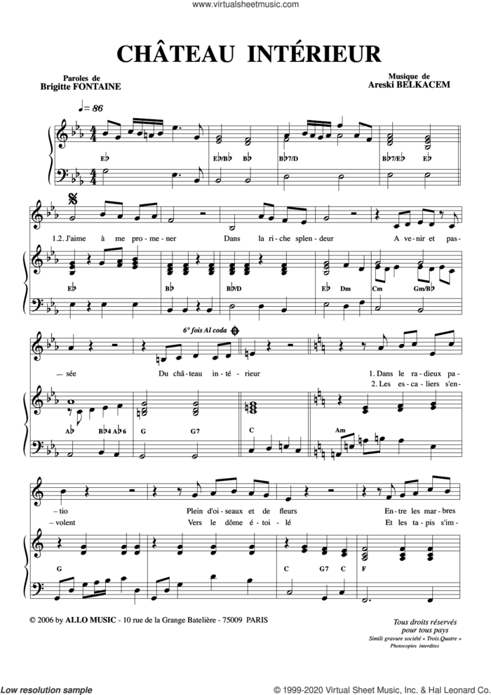 Chateau interieur sheet music for voice and piano by Brigitte Fontaine & Areski Belkacem, Areski Belkacem and Brigitte Fontaine, classical score, intermediate skill level