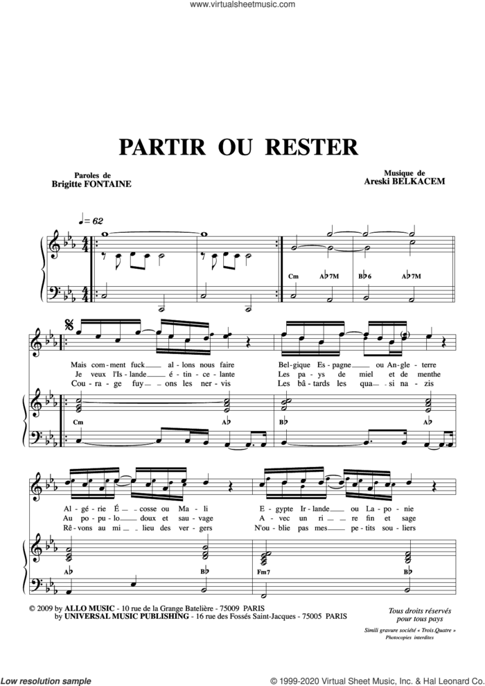 Partir Ou Rester sheet music for voice and piano by Brigitte Fontaine & Areski Belkacem, Areski Belkacem and Brigitte Fontaine, classical score, intermediate skill level