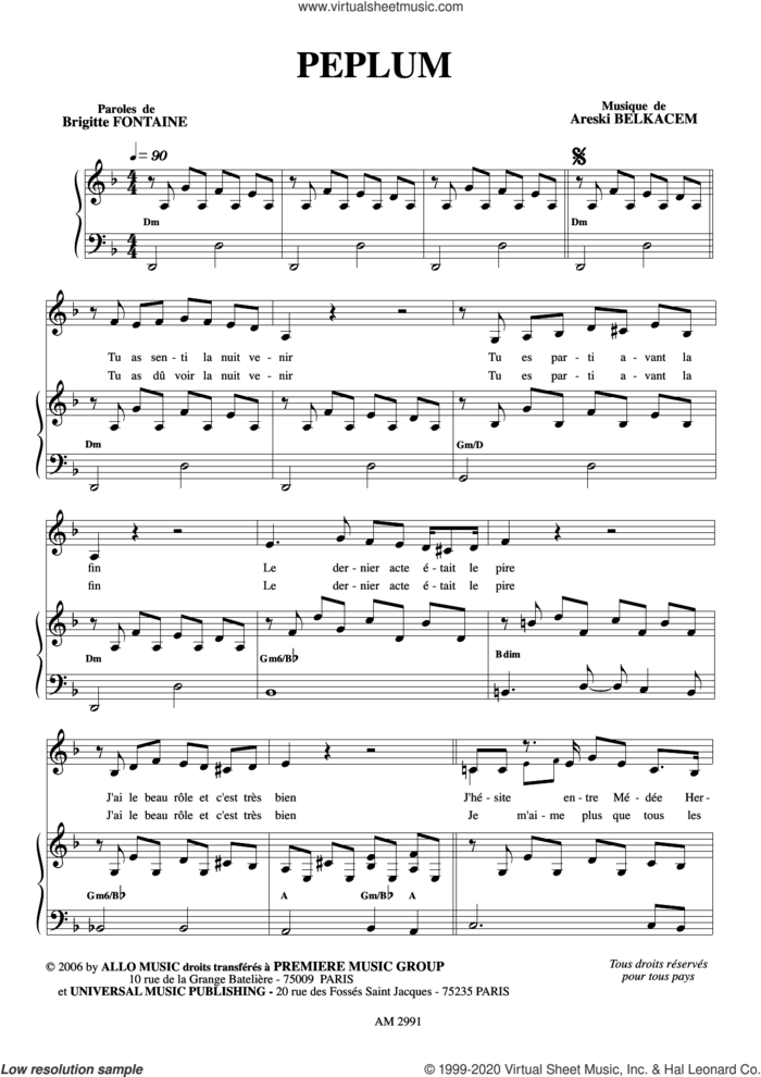 Peplum sheet music for voice and piano by Brigitte Fontaine & Areski Belkacem, Areski Belkacem and Brigitte Fontaine, classical score, intermediate skill level