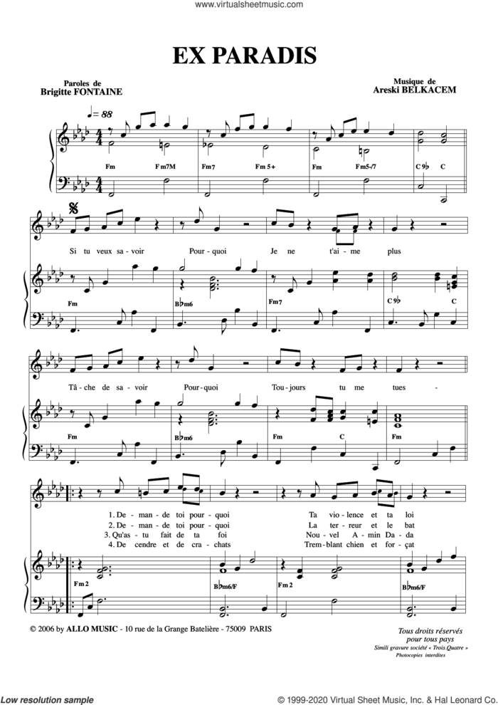 Exparadis sheet music for voice and piano by Brigitte Fontaine & Areski Belkacem, Areski Belkacem and Brigitte Fontaine, classical score, intermediate skill level