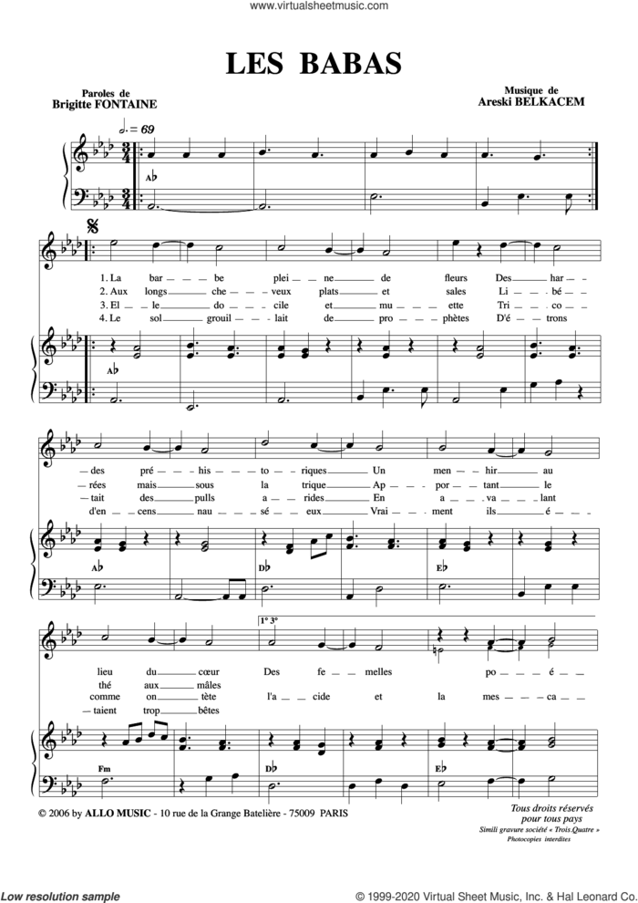 Les Babas sheet music for voice and piano by Brigitte Fontaine & Areski Belkacem, Areski Belkacem and Brigitte Fontaine, classical score, intermediate skill level