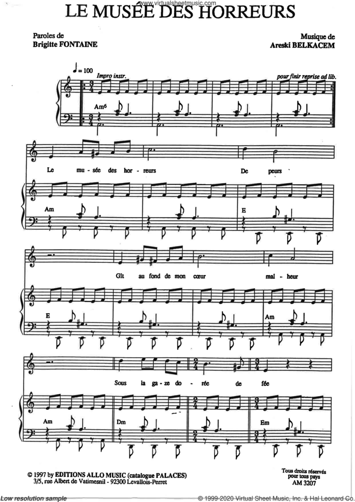 Le Musee Des Horreurs sheet music for voice and piano by Brigitte Fontaine & Areski Belkacem, Areski Belkacem and Brigitte Fontaine, classical score, intermediate skill level